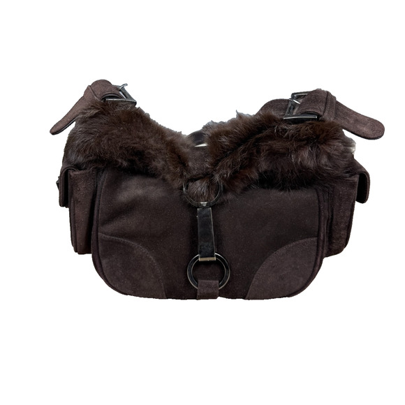 Stuart Weitzman Dark Brown Suede Fur Trim Shoulder Bag Front Clip - Picture 1 of 14